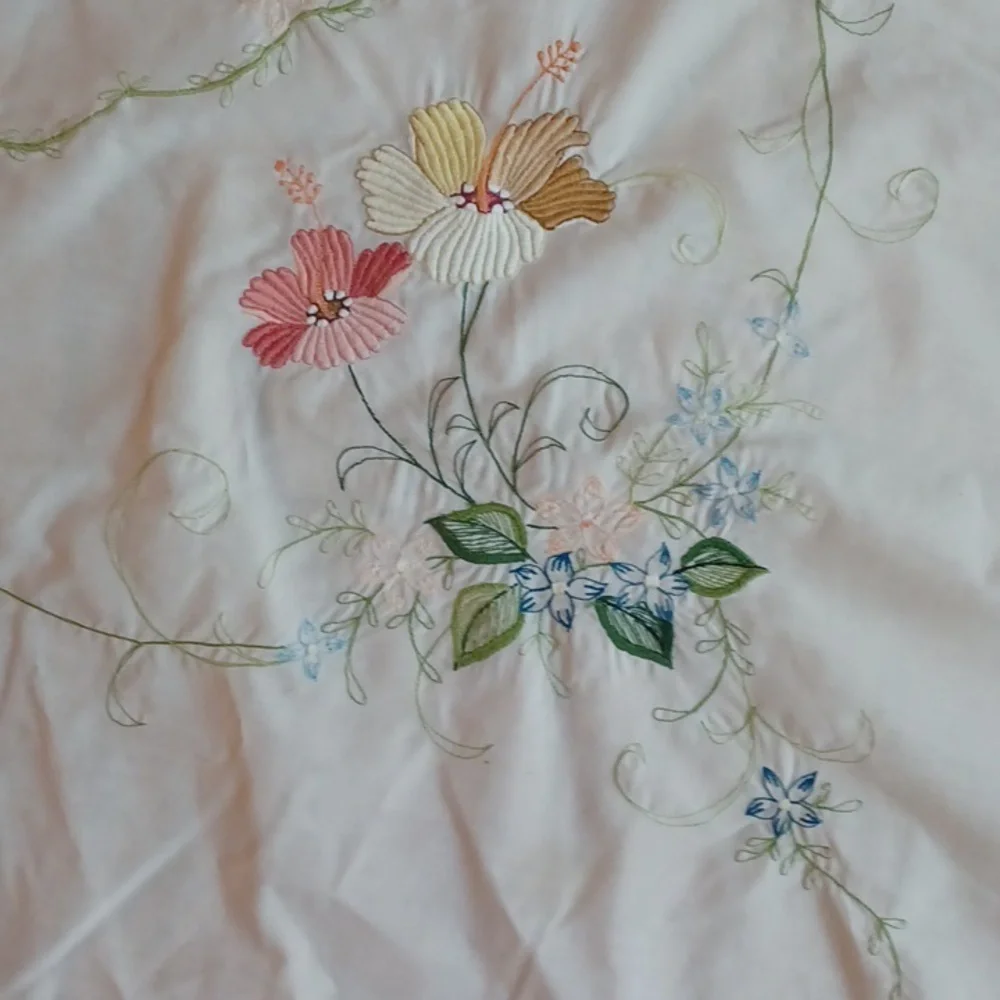 Vintage Needle Piont Floral Embroidered Tablecloth - Oval 64Wx78 L